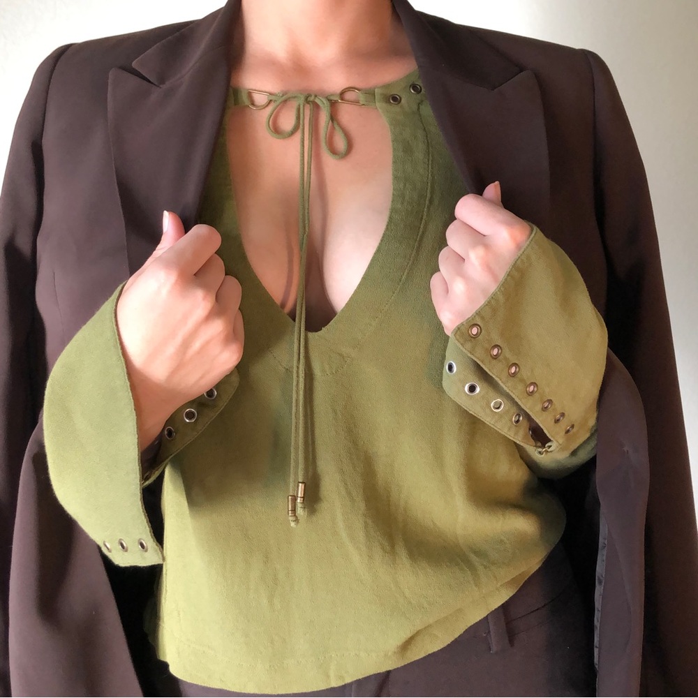 Boho Free People shirt with brass eyelets and neck tie